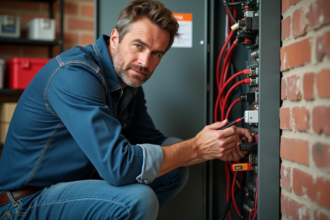 Homme d'âge moyen utilisant un multimètre près d'un panneau électrique