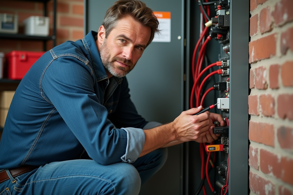 Homme d'âge moyen utilisant un multimètre près d'un panneau électrique