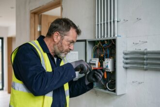 Électricien professionnel en action dans un intérieur rénové