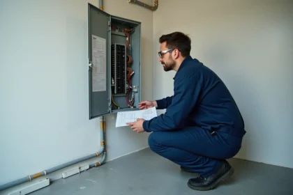 Électricien examinant un tableau électrique GTL ouvert dans une salle technique résidentielle
