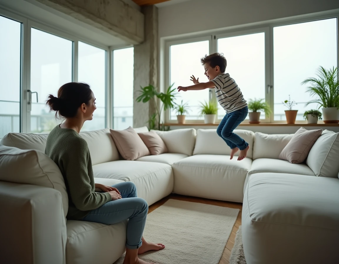 Un garçon qui saute sur un canapé nuage blanc sous le regard amusé et préoccupé de sa mère dans un salon contemporain avec grandes fenêtres