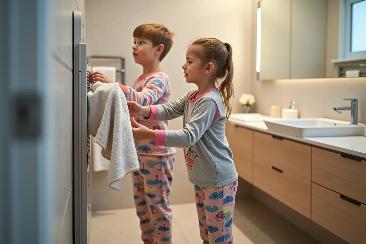 Deux enfants jouant avec une serviette chaude dans la salle de bain