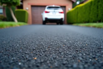 Allée de garage en enrobé drainant gris foncé avec texture poreuse visible et SUV blanc en arrière-plan