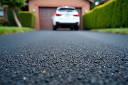 Allée de garage en enrobé drainant gris foncé avec texture poreuse visible et SUV blanc en arrière-plan