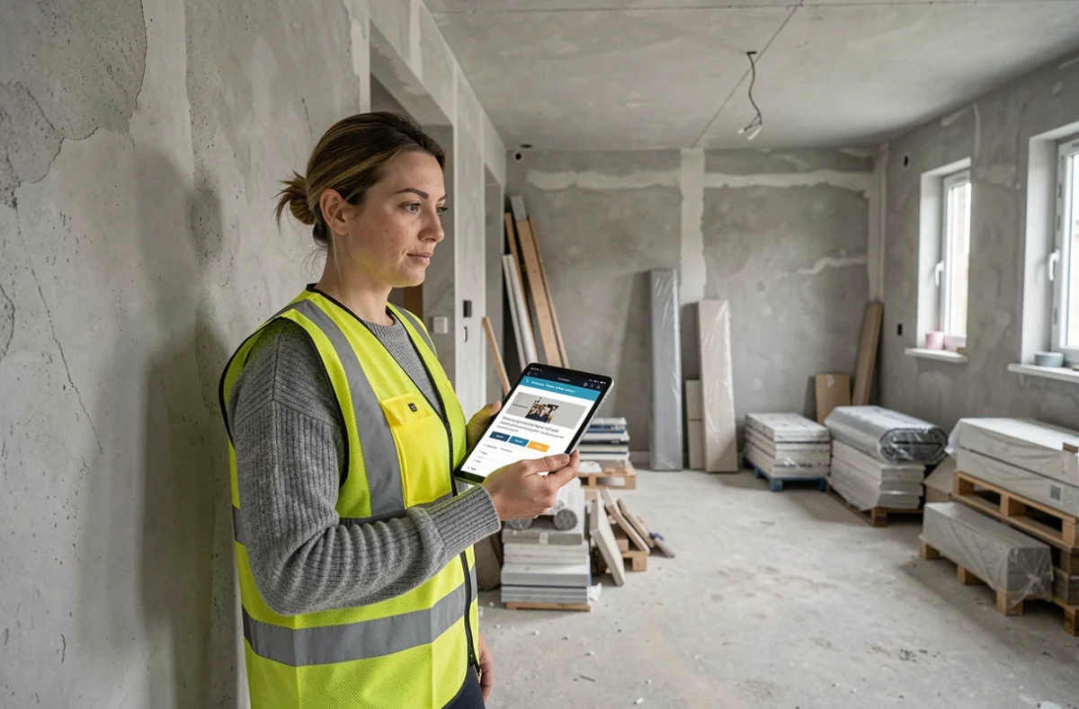 Une entrepreneuse en bâtiment consulte des devis en ligne sur une tablette dans un chantier de rénovation de salon