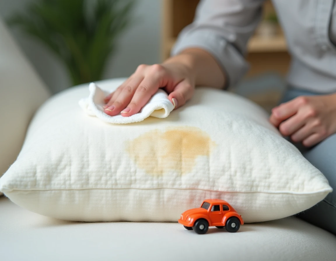 Gros plan sur un coussin de canapé nuage blanc bouclé avec une légère tache et une main d'adulte en train de le nettoyer avec un chiffon humide