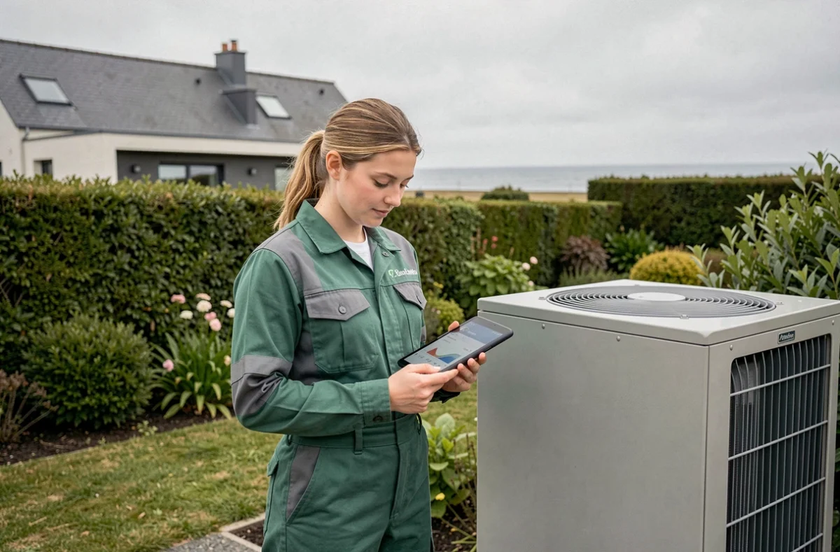 Technicienne d'Ets Atao Energie consultant une tablette numérique près d'une pompe à chaleur dans un jardin du Finistère
