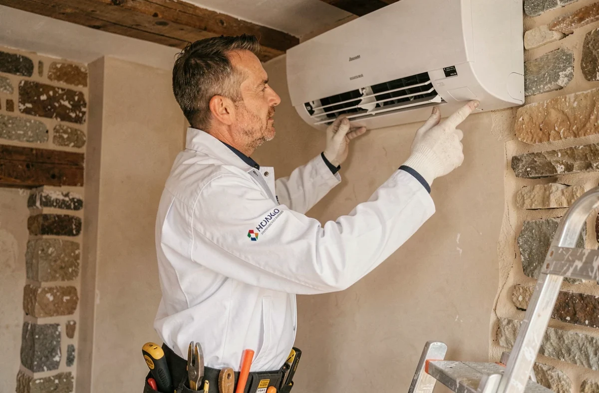 Spécialiste d'Ets Christian Jeffroy posant un climatiseur mural dans un intérieur breton rénové en pierre