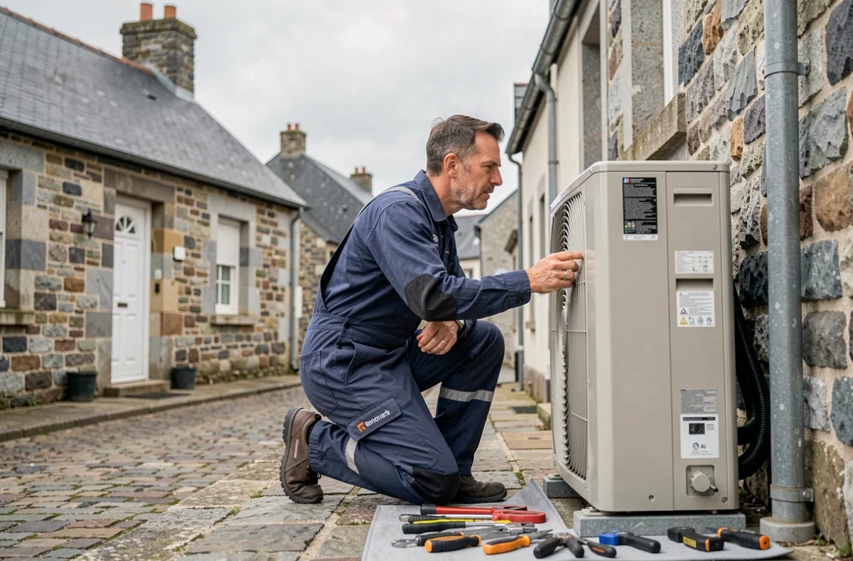 Technicien des Ets Les Chauffagistes Bretons vérifiant une pompe à chaleur devant une maison en granit breton