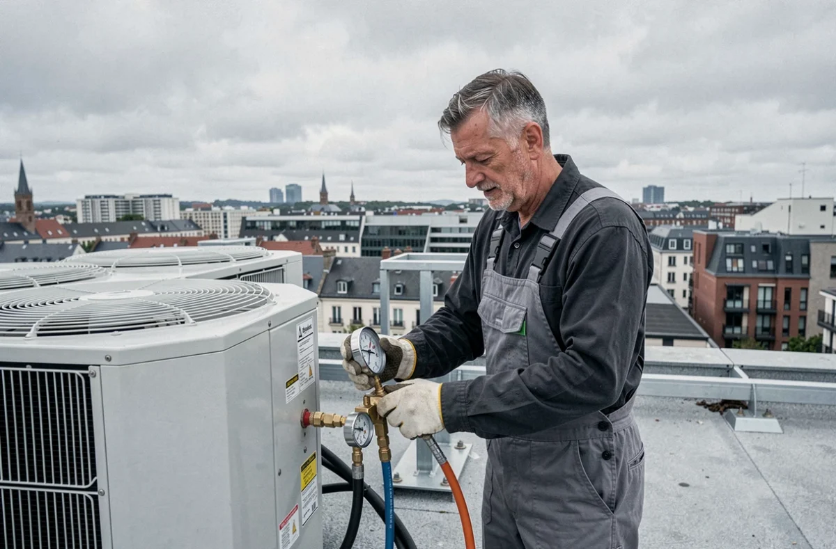 Technicien d'Ets TICO vérifiant un système de climatisation en toiture sur un bâtiment commercial à Brest