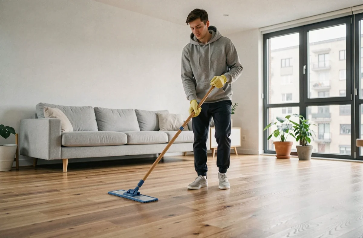 Jeune homme étudiant effectuant un ménage dans un appartement scandinave, passant la serpillière sur un parquet en bois
