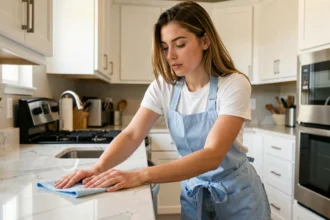 Jeune étudiante travaillant comme aide ménagère dans une cuisine moderne, essuyant le plan de travail avec un chiffon en microfibre