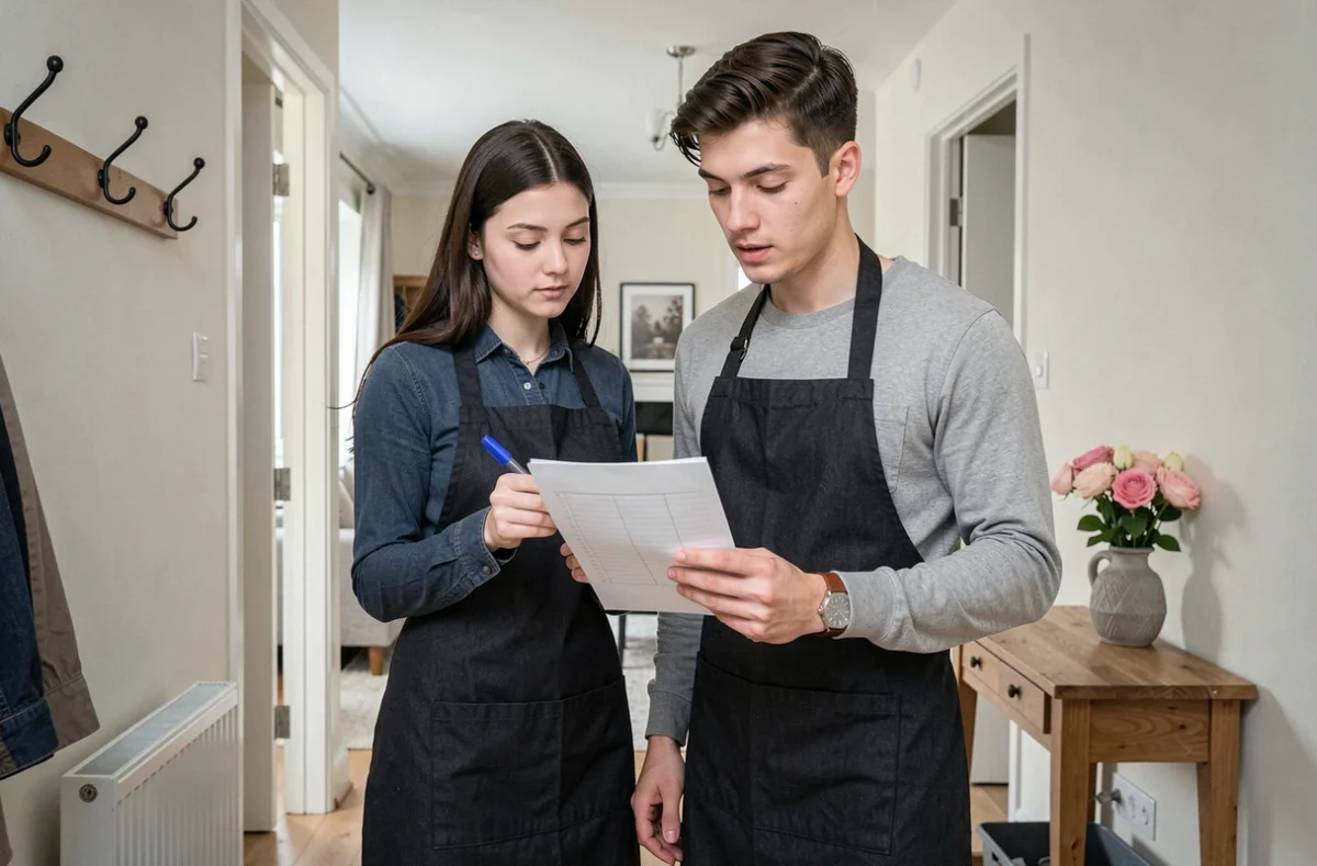 Deux étudiants aides ménagers consultant une liste de tâches à l'entrée d'un appartement avant de commencer le ménage