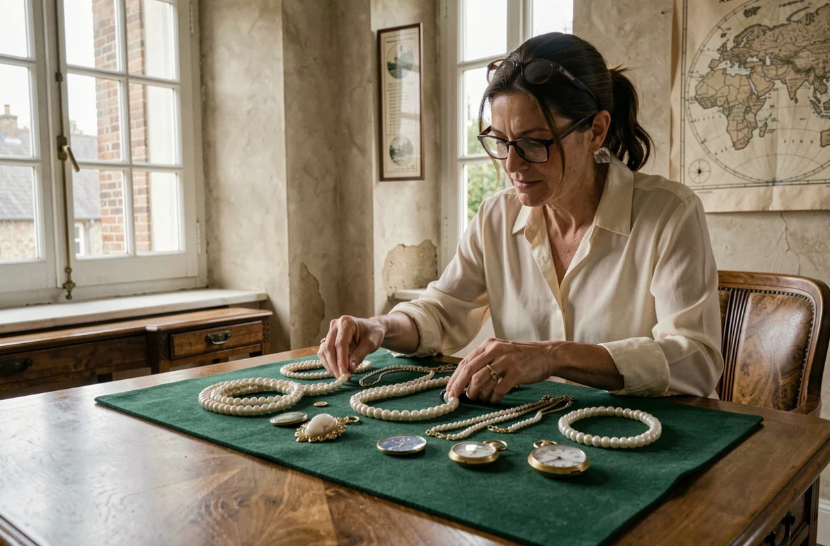 Femme présentant des bijoux de famille hérités pour une expertise chez un antiquaire normand