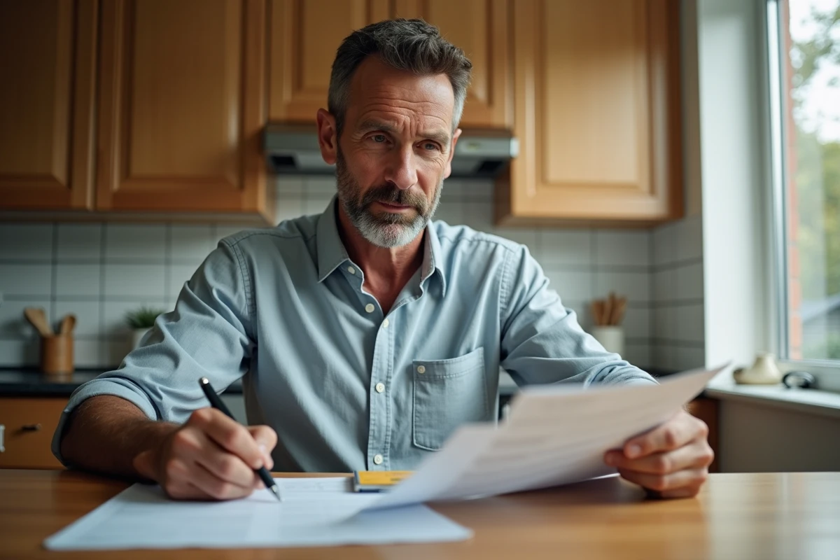 Homme examinant une facture d'eau et un contrat de location à une table de cuisine, symbolisant la répartition des charges locatives liées à la consommation d'eau