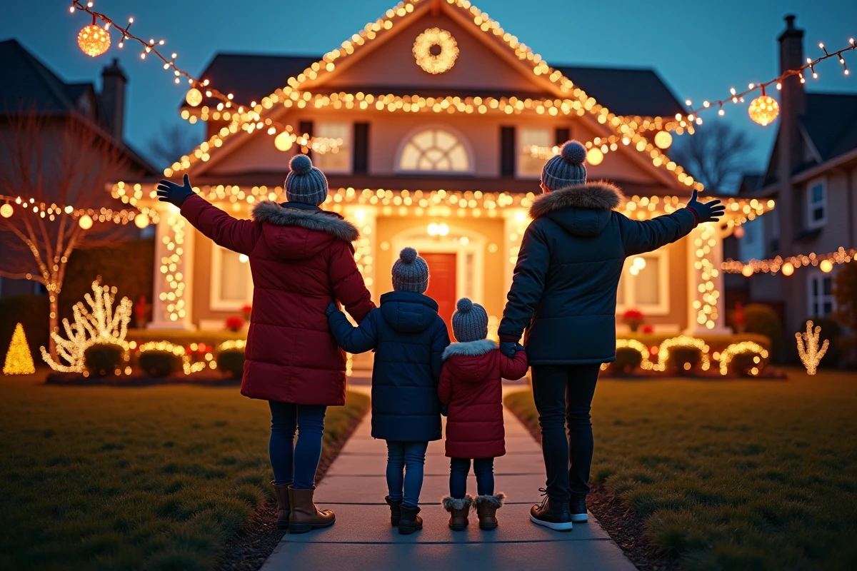 Famille heureuse devant leur maison décorée pour Noël