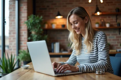 Femme souriante devant un ordinateur en appartement lumineux
