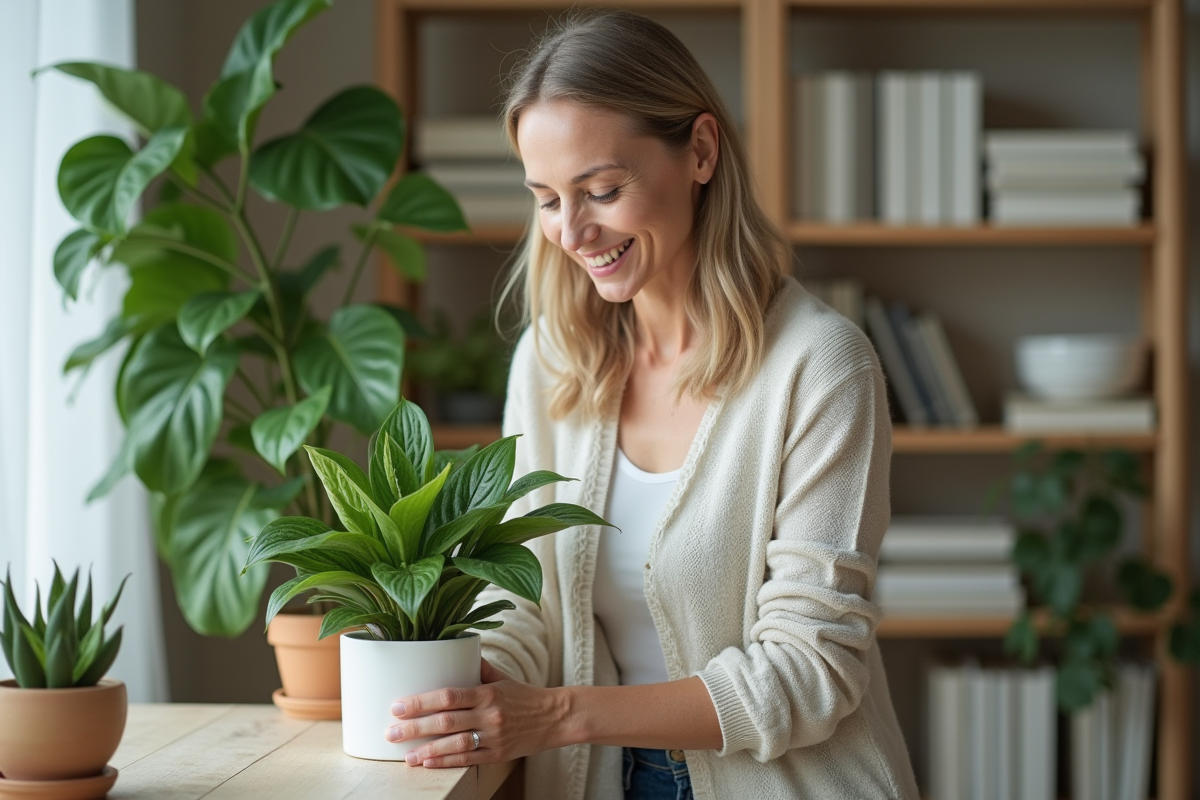Femme souriante arrosant plantes vertes dans le salon