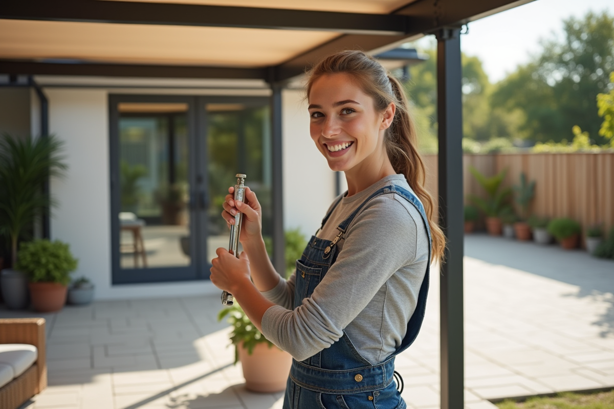 Jeune femme en overalls fixe un gazebo en métal