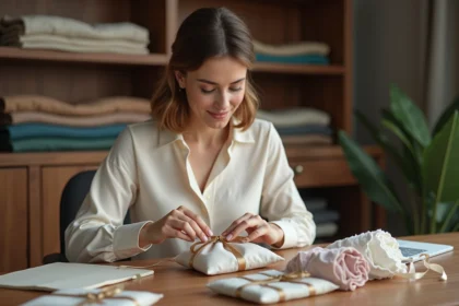 Femme créant des sachets en tissu dans un bureau moderne