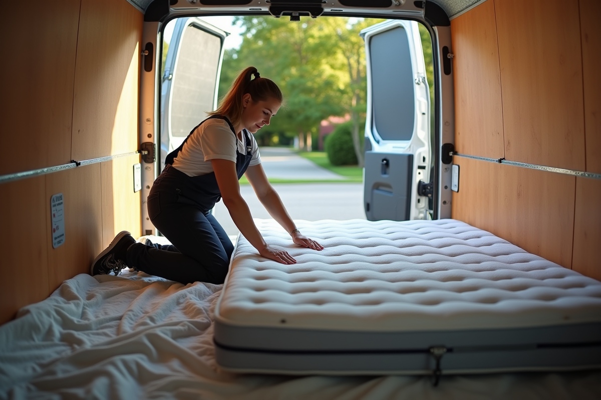 Femme en tenue de travail attache un matelas dans la camionnette