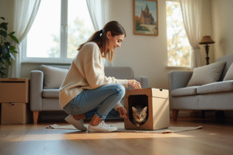 Jeune femme avec chaton dans un intérieur moderne