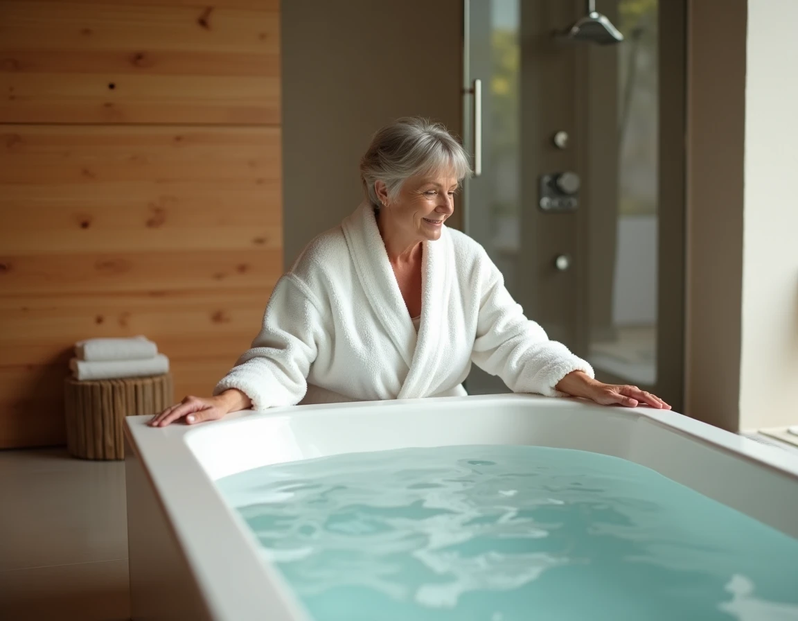 Femme en peignoir testant une baignoire balnéo rectangulaire dans une salle de bain au décor bois naturel