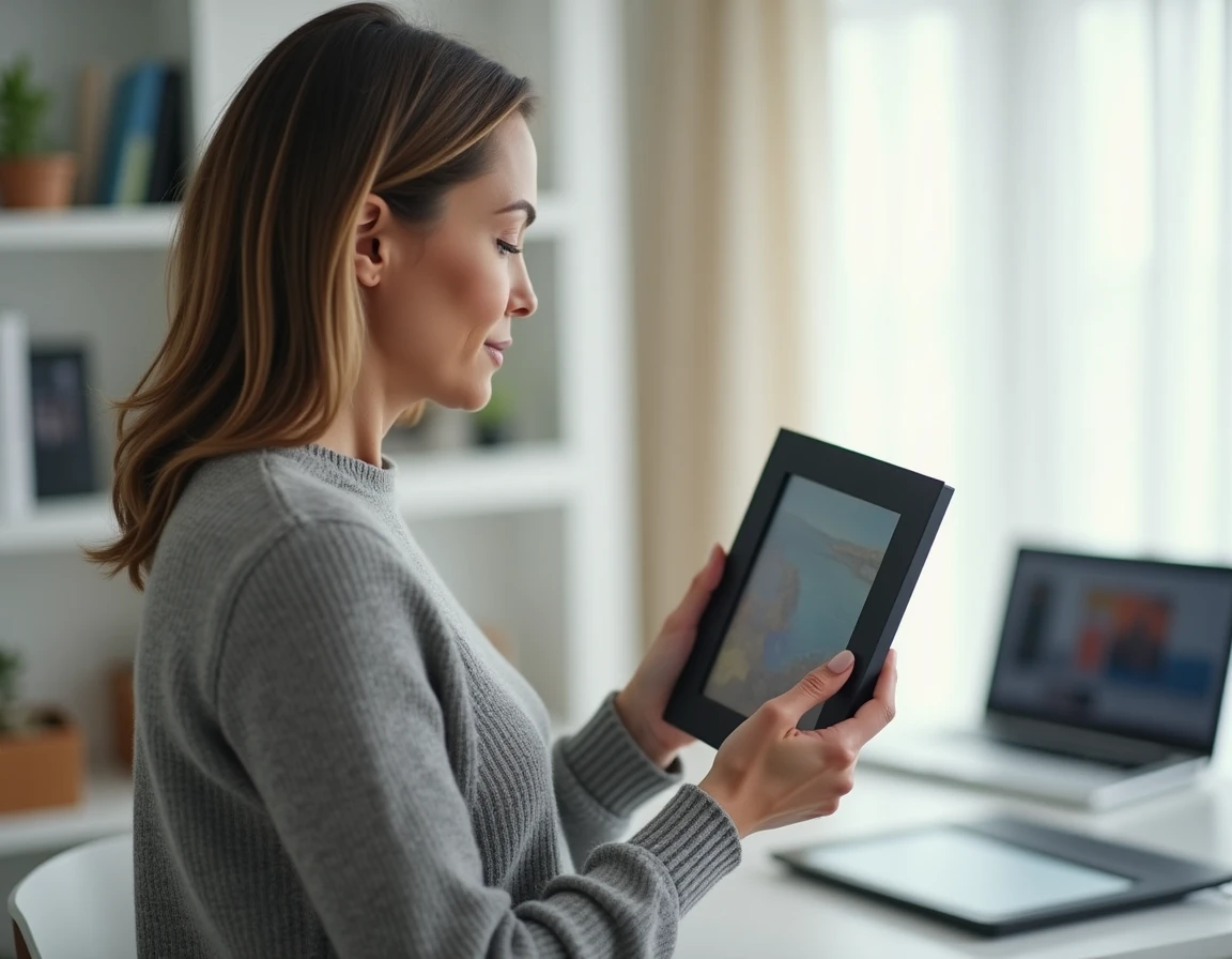 Femme tenant un cadre photo numérique connecté au wifi dans un bureau à domicile moderne