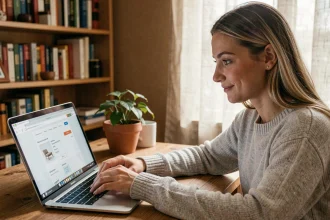 Jeune femme saisissant un code promo Sklum sur un ordinateur portable lors d'un achat de mobilier en ligne