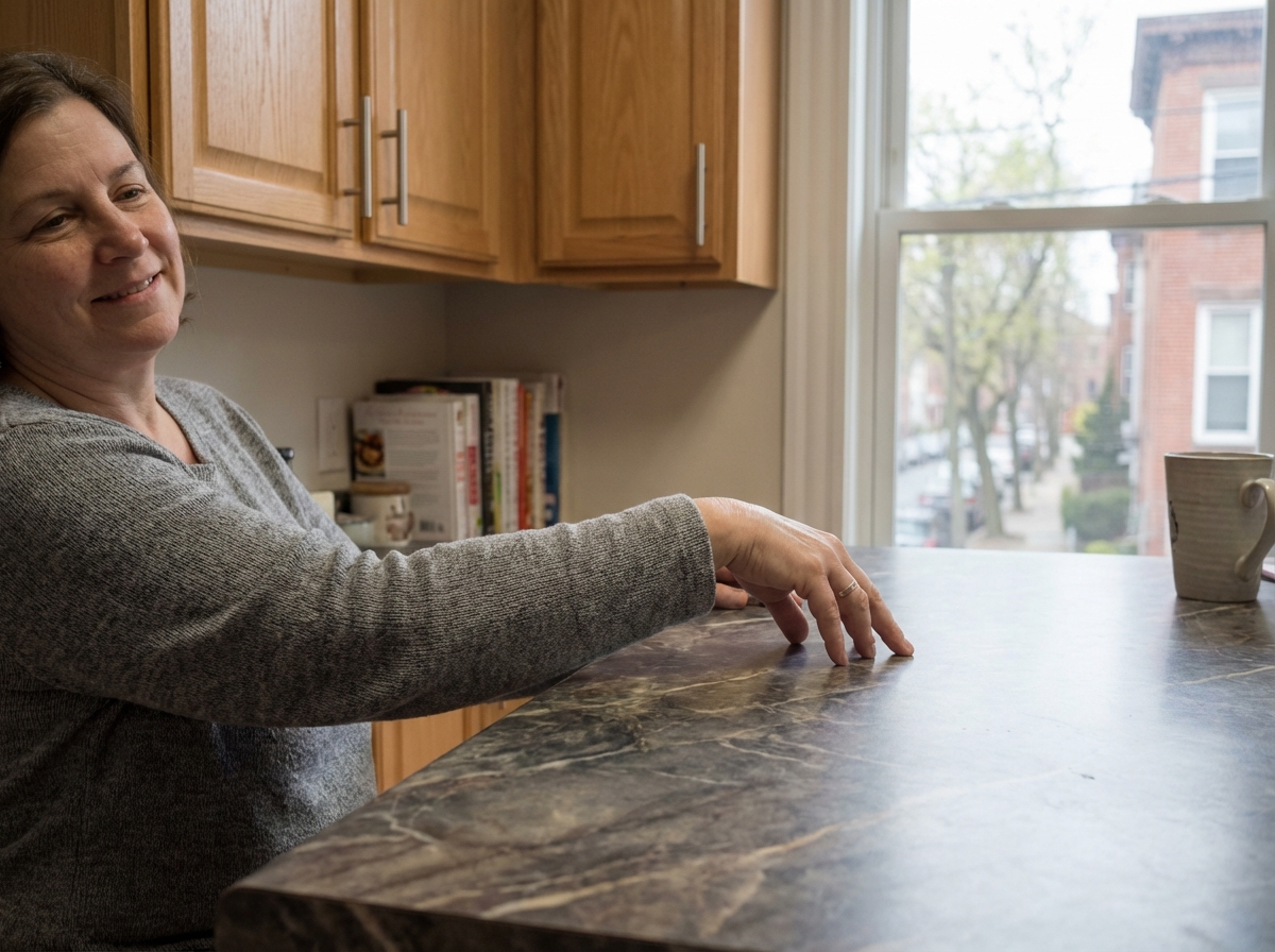 Femme souriante dans une cuisine moderne avec plan de travail en laminate