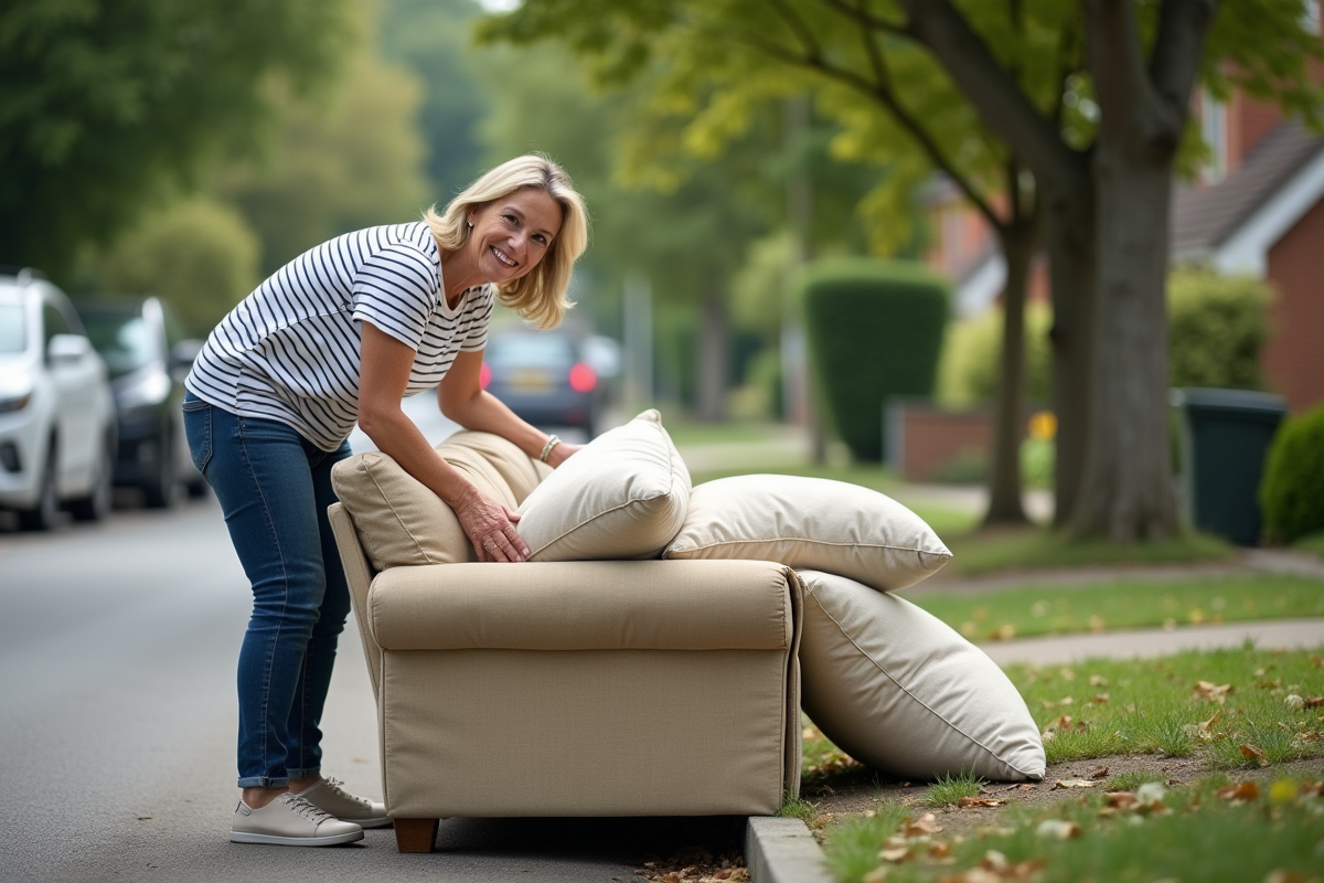Femme souriante déposant des coussins sur un canapé usé dans la rue