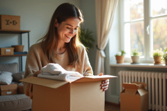 Femme heureuse déposant des vêtements et objets chez soi