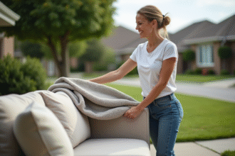 Femme souriante drapant un canapé dans la cour