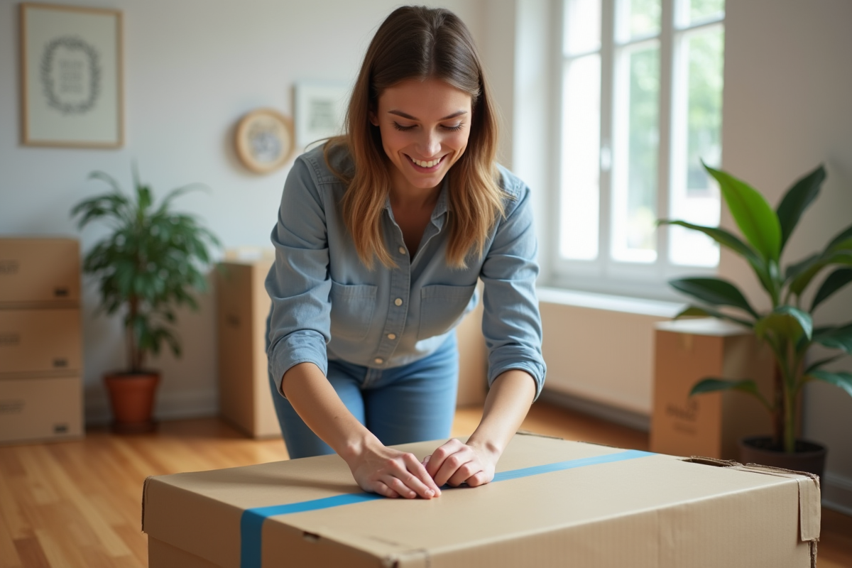 Jeune femme emballant une box dans un appartement lumineux