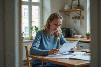 Femme inquiète lisant un document dans sa cuisine parisienne