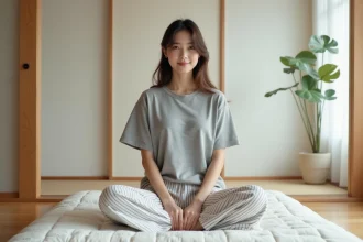 Jeune femme en pyjama sur futon japonais minimaliste