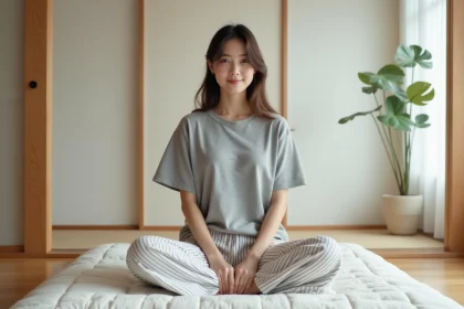 Jeune femme en pyjama sur futon japonais minimaliste
