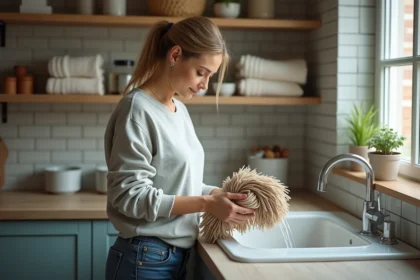 Femme lavant un balai à la maison dans une buanderie chaleureuse