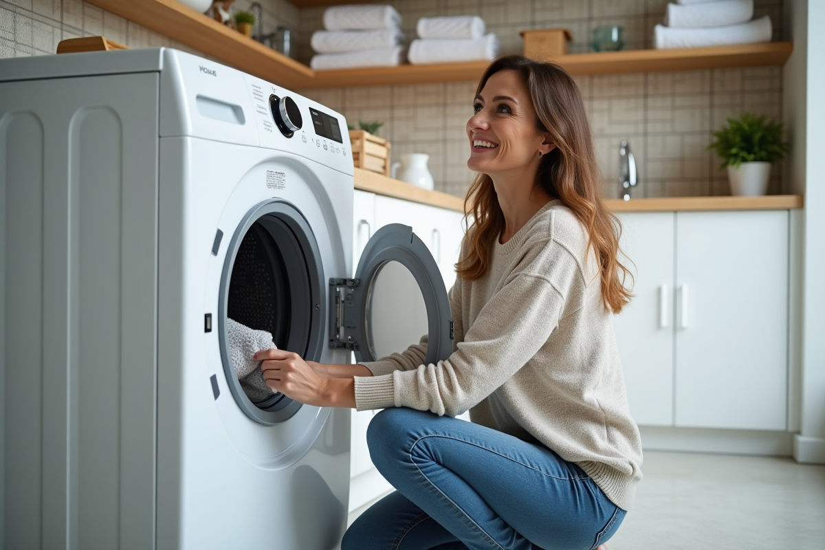 Femme d'âge moyen vidant une sèche-linge condensation dans une buanderie moderne