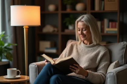 Femme lisant dans un salon cosy avec lampe moderne