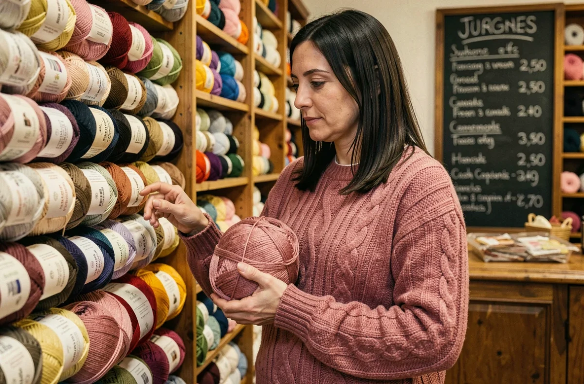 Femme portant un pull tricoté main en laine dans une mercerie choisissant des pelotes pour confectionner un pull taille 44