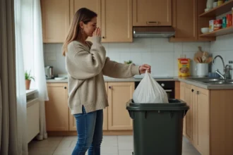Femme en maison jetant un sac poubelle dans la poubelle