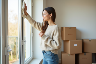 Jeune femme nettoyant une fenêtre dans un appartement moderne