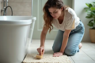 Femme nettoyant un tapis de bain en pierre avec une brosse