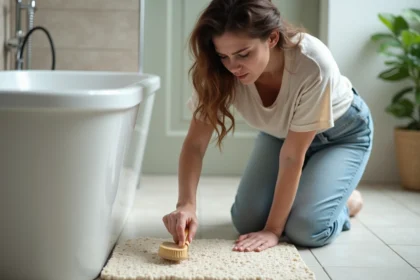 Femme nettoyant un tapis de bain en pierre avec une brosse
