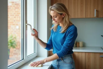 Femme nettoyant un cadre PVC blanc dans la cuisine