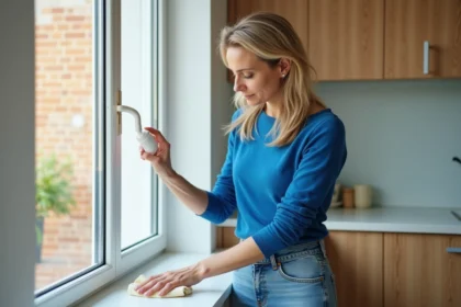 Femme nettoyant un cadre PVC blanc dans la cuisine