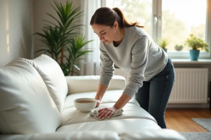 Femme nettoyant un canapé en cuir blanc dans un salon moderne
