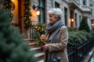 Femme en manteau arrangeant des lumières de Noël devant sa maison