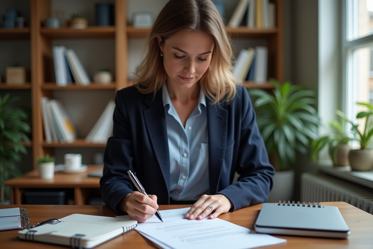 Femme remplissant un formulaire dans un bureau à domicile